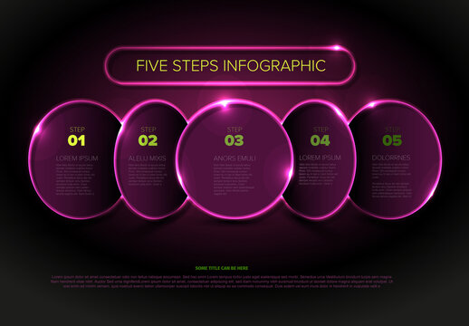 Five Steps Neon Infographic Template with Glowing Pink Glass Spheres