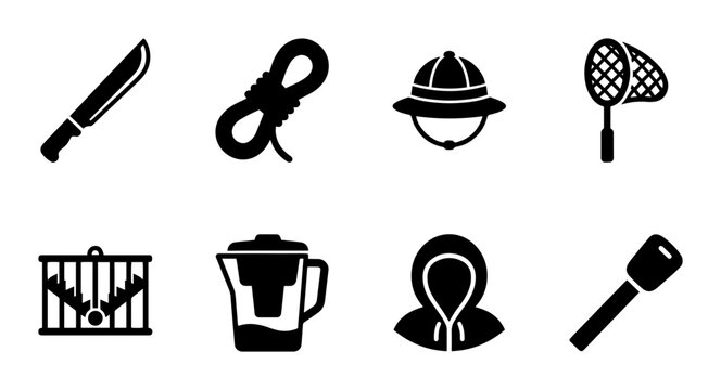 Safari Adventure Gear Icons: Machete, Rope, Hat, Net, Cage, Filter, Hoodie, Torch