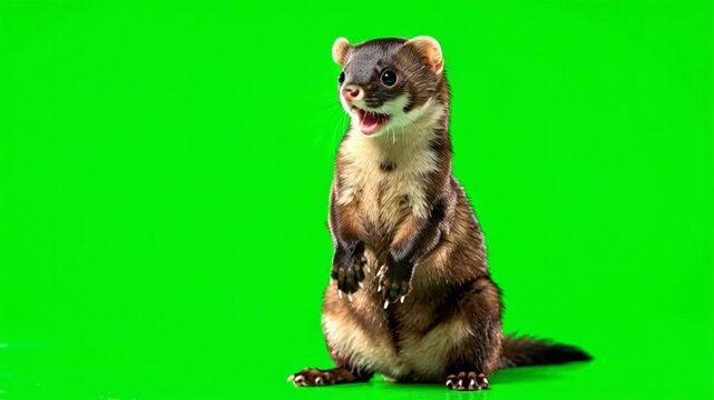 Stoat standing on hind legs looking around alertly on green screen