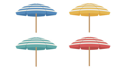 Obraz premium Beach umbrellas, four striped seaside parasols isolated on white background, summer vacation accessory for coastal travel design.
