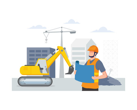 Construction Worker with Blueprint and Excavator