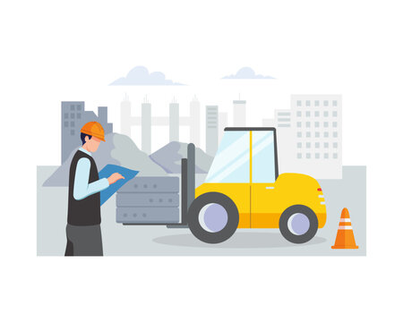 Worker Inspecting Cargo with Forklift
