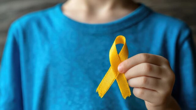 childs hand hold yellow ribbon cancer health care concept animation