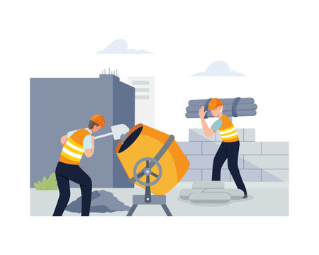 Builders Working with Cement Mixer