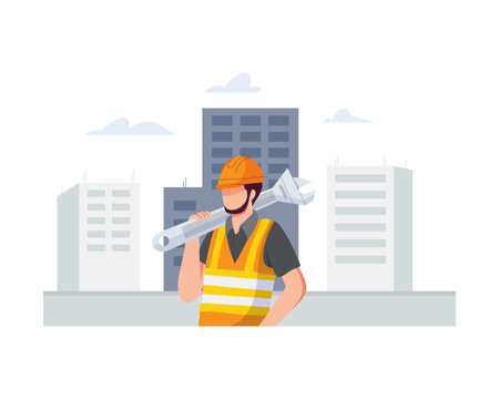 Construction Worker Holding Giant Wrench