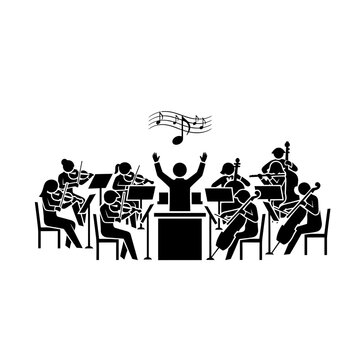 Orchestra conductor leading musicians playing classical music, musical notes