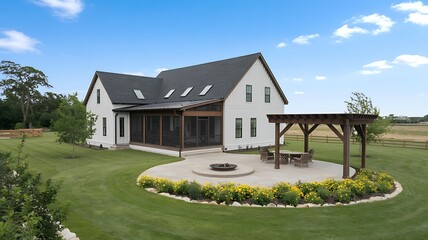 Obraz premium Spacious Modern Farmhouse with Custom Outdoor Patio and Pergola Seating Area