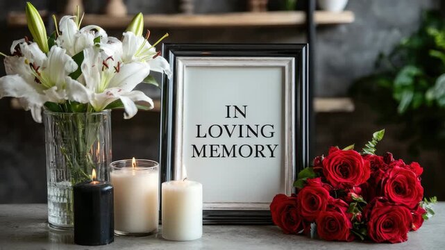 altar with photo frame flowers and candle at home animation
