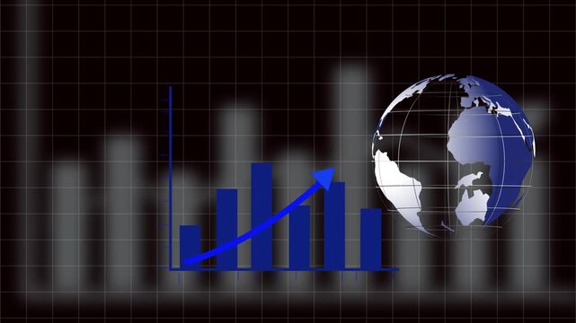 Blue bar graph with globe and arrow showing world growth 4k. Blue bar chart with globe and arrow indicating global financial growth 4k.