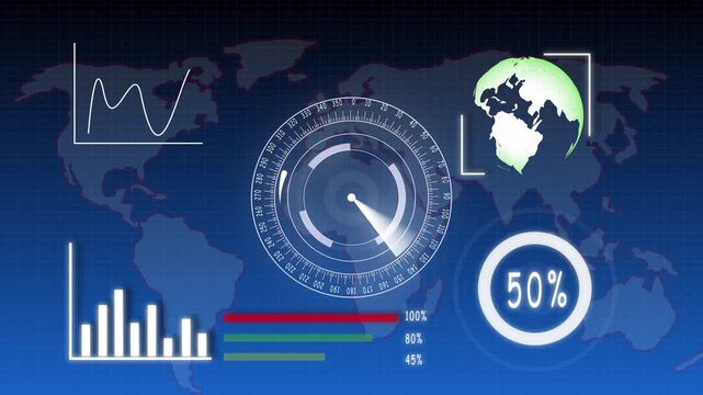 Digital analytics dashboard showing world map and financial data. Futuristic digital dashboard with world map and financial data visualizations.