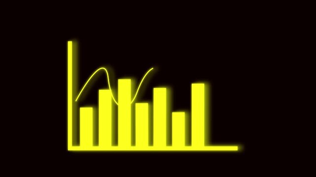 Neon yellow data visualization combining bar chart and line graph. Black background with glowing yellow bar chart and line graph.