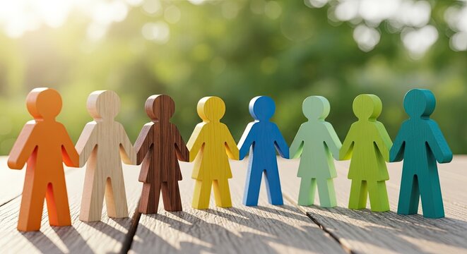 Diverse wooden figures holding hands in warm sunlight against a blurred green background symbolizing unity and inclusion
