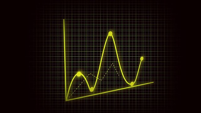 Grid background with yellow rising trend line chart. Yellow line graph showing upward trend on grid background. Upward trend data chart with yellow line on grid.