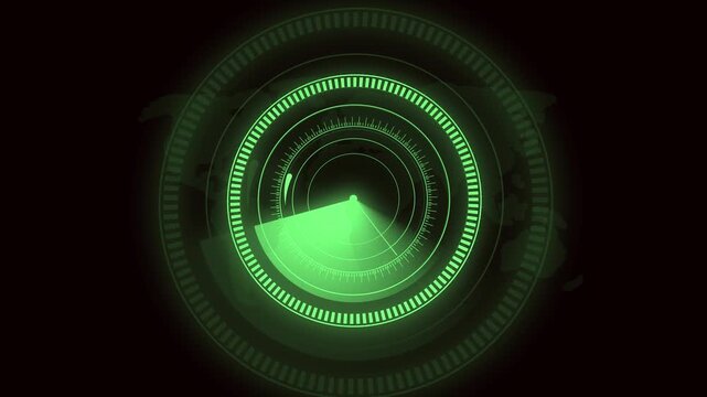 Digital green radar interface with circular grid and moving sweep over world map. Green radar screen display with circular grids and sweep indicator on world map background.