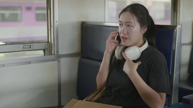 Traveler talking on a phone while sitting inside a train, ideal for travel communication, railway journey, public transport, trip support and passenger concepts