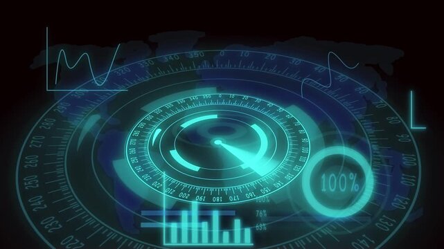 Dark background with holographic digital interface showing charts and world map. Futuristic holographic interface with charts, graphs, and world map on dark background.