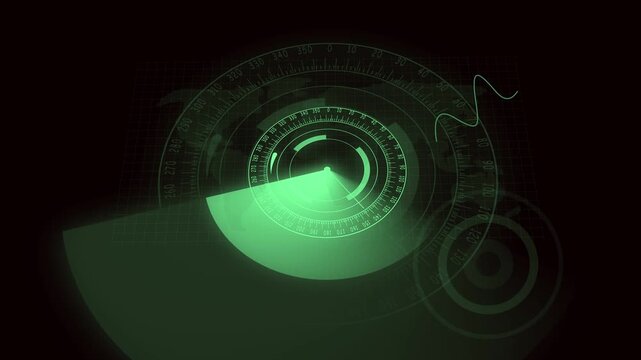 Green radar interface with world map backdrop and circular scan lines. Digital radar screen in green showing concentric circles and global map.
