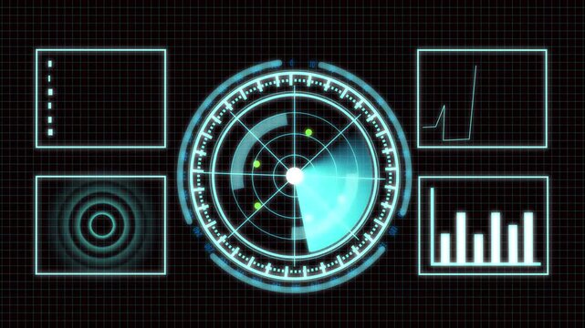 Futuristic digital interface with radar, graphs, and data displays on dark grid background. Digital interface with radar, graphs, and data displays on black grid background for tech visuals.