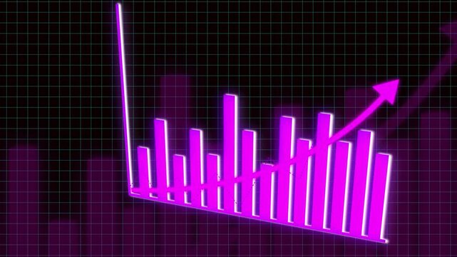 Purple neon bar chart with downward arrow on grid background highlighting declining data trends. Neon purple bar graph showing decline with downward arrow on grid background for bar chart analysis.