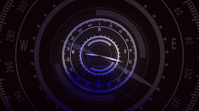 Compass dial in futuristic style with blue and white glow on dark background showing navigation. Futuristic compass dial with glowing blue and white elements on dark background for navigation.