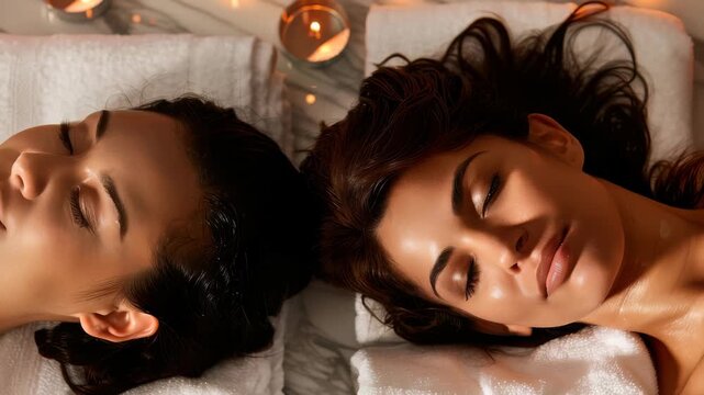 Two women of different ethnicities lie side-by-side with their eyes closed and skin glistening, enjoying a soothing facial at a spa. The room is softly lit by the warm glow of candles.