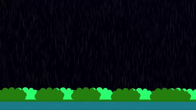 Flat Design Dark Rainy Night with Green Bushes and Water weather.Peaceful rainfall at night over green bushes and water surfaces in minimalist flat design.Stylish flat weather scene with night rain.