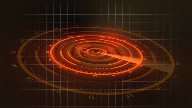 Orange Radar Display with Earth Globe and Compass Rose Overlay screen world.Modern orange radar interface scanning across a tech-style grid with glowing beam animation.