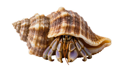 Hermit crab emerging from spiral seashell with purple speckled legs © Rowan
