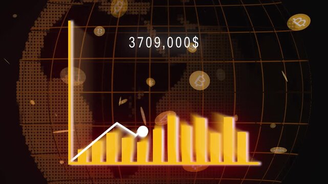 Animated Bitcoin icons and gold bar charts overlaying world map for finance and cryptocurrency visuals. Golden Bar Chart and Bitcoin Symbols Overlaying a World Map with Financial Data finance.