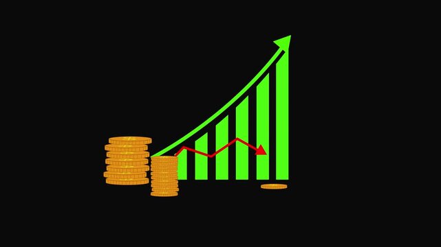 Growing Bar Chart With Stacked Gold Coins And Upward Green Arrow And Downward Red Arrow. Economic visualization showing stacked gold coins, growing bars, and green up/red down arrows for finance.