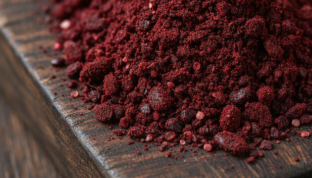 Premium crushed Sumac berries macro with fuzzy crimson red texture