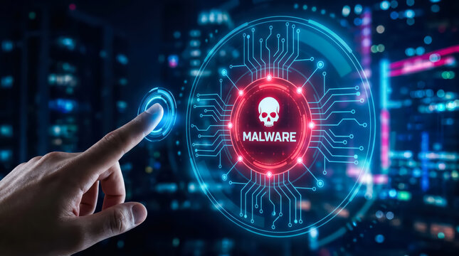 Cybersecurity concept with a human finger touching a digital interface displaying a skull icon and the word malware