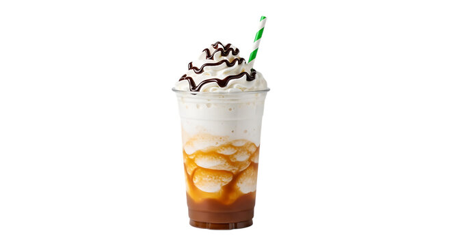 Iced coffee drink with whipped cream and straw on transparent background beverage frappe mocha latte cappuccino