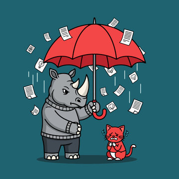 Rhino holding umbrella protecting crying cat from falling papers.
