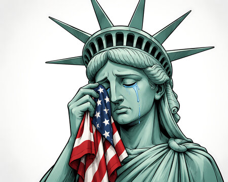 Statue of Liberty crying with American flag &ndash; concept of inflation and economic hardship in the United States