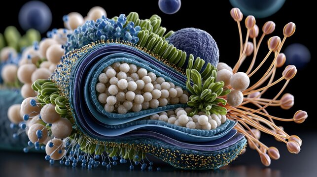 3D render cutaway cross-section of Streptococcus agalactiae bacterial cell wall, photorealistic peptidoglycan layer structure, surface proteins pili and capsule polysaccharides