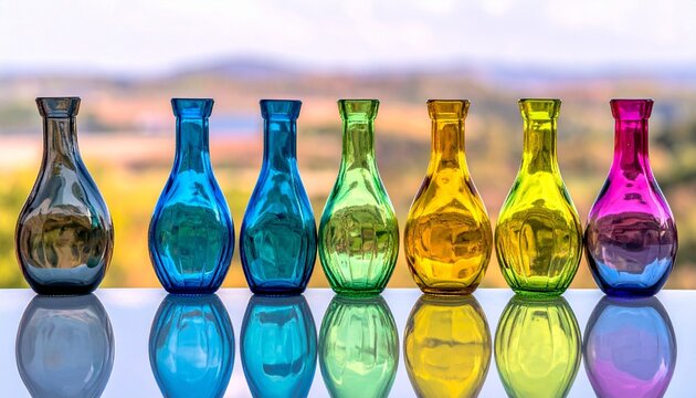 Eight vibrant vases align in reflection, radiating resilience, clarity, and harmony; a vivid emblem of color, symmetry, and transformation within design.