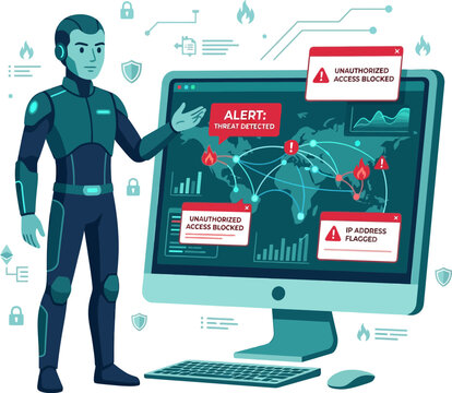 Cybersecurity analyst defeated by network intrusion alerts on monitor with digital world map illustration