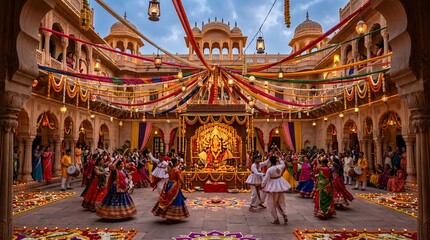 Fototapeta premium Large group performing Garba dance in palace courtyard