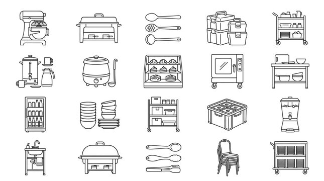 Catering Kitchen Equipment Icons: A comprehensive collection of outline icons representing various kitchen appliances and tools, including mixers, chafing dishes, utensils, and storage solutions.