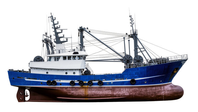 Blue and white fishing trawler with cranes and winches