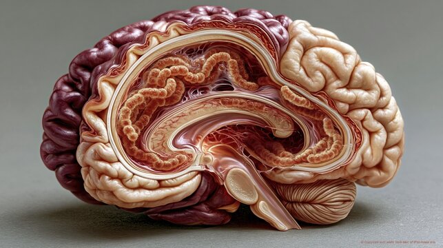 Scientific illustration of neonatal Group B Strep bacterial meningitis, sagittal cross-section of infant brain showing inflamed meninges layers