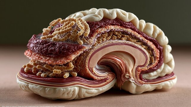 Scientific illustration of neonatal Group B Strep bacterial meningitis, sagittal cross-section of infant brain showing inflamed meninges layers