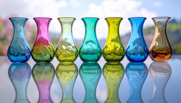 Eight vibrant vases align in reflection, radiating resilience, clarity, and harmony; a vivid emblem of color, symmetry, and transformation within design.