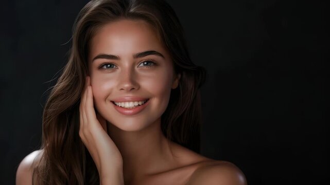 Close-up shot of a young woman with bronzed skin in a studio setting. Her hand gently touches her face. Her wavy brown hair flows down her shoulder, contrasting against the dark backdrop.