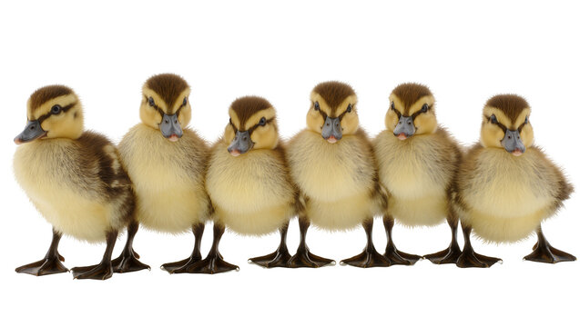 Six fluffy ducklings standing in a row