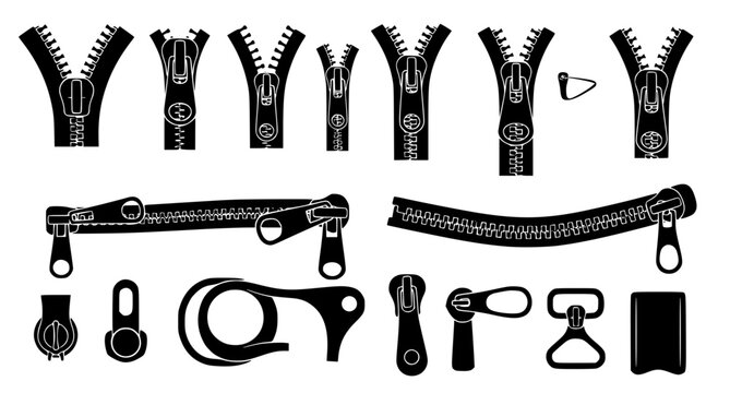 Set of metal clothing zippers and garment fasteners for fashion design and textile manufacturing industries