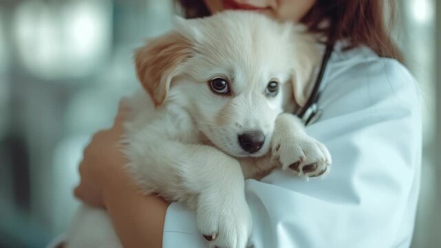 A light-colored puppy rests in the arms of a person wearing a white medical coat and stethoscope. The scene conveys a sense of care and health, suggesting a vet visit.