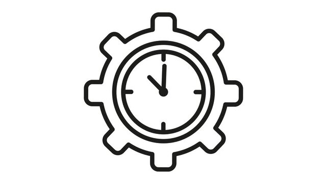 Clock inside gear icon on solid white background. Use for time management concepts. Apply to workflow optimization projects.