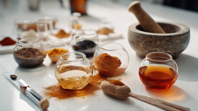 Natural ingredients for healthy herbal teas and remedies in cozy setting. A collection of aromatic herbs, spices, and infused oils arranged for preparing wholesome phyto teas and natural remedies